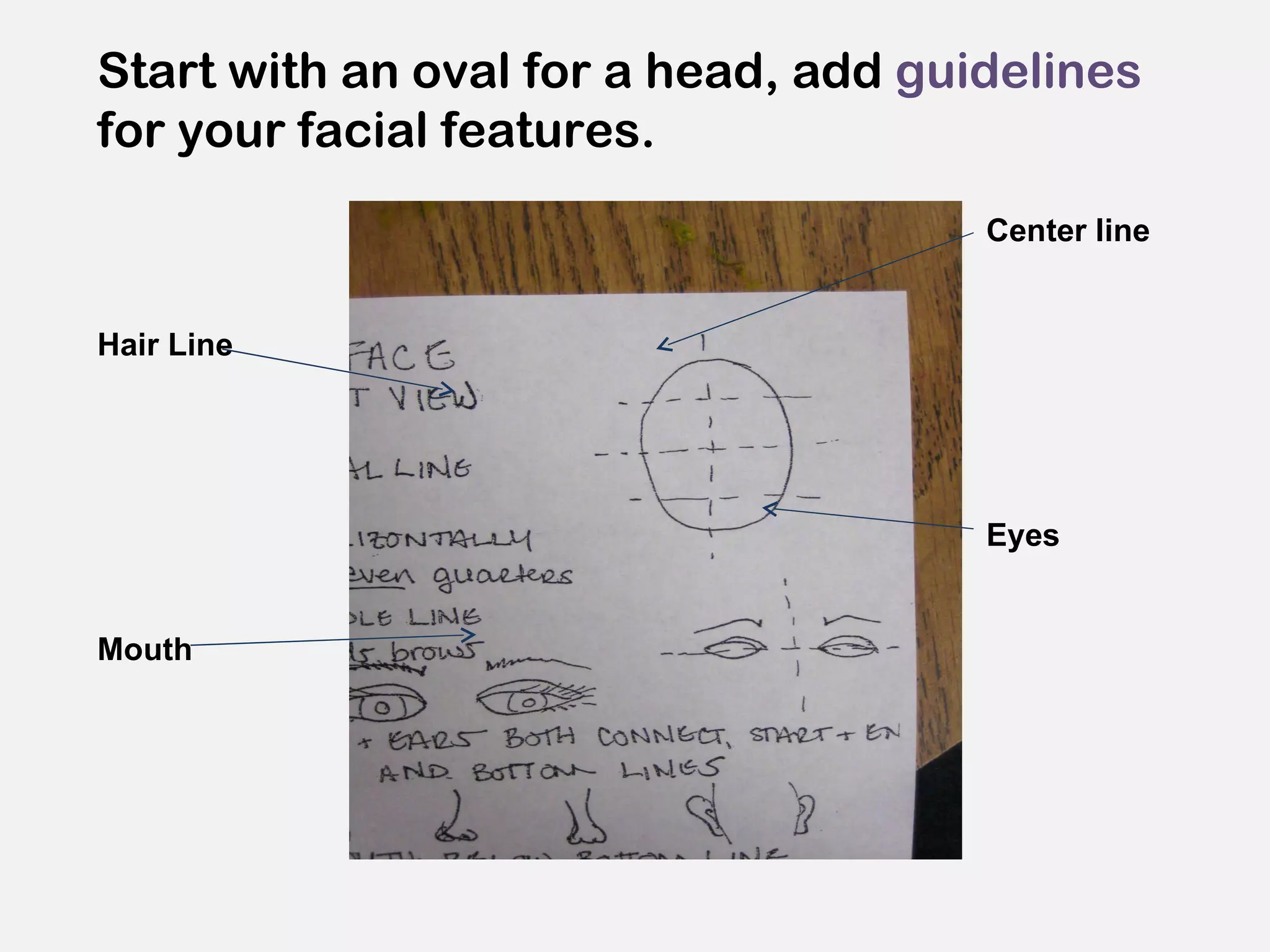 Start with an oval for a head, add  guidelines  for your facial features.  Center line  Hair Line Eyes Mouth 