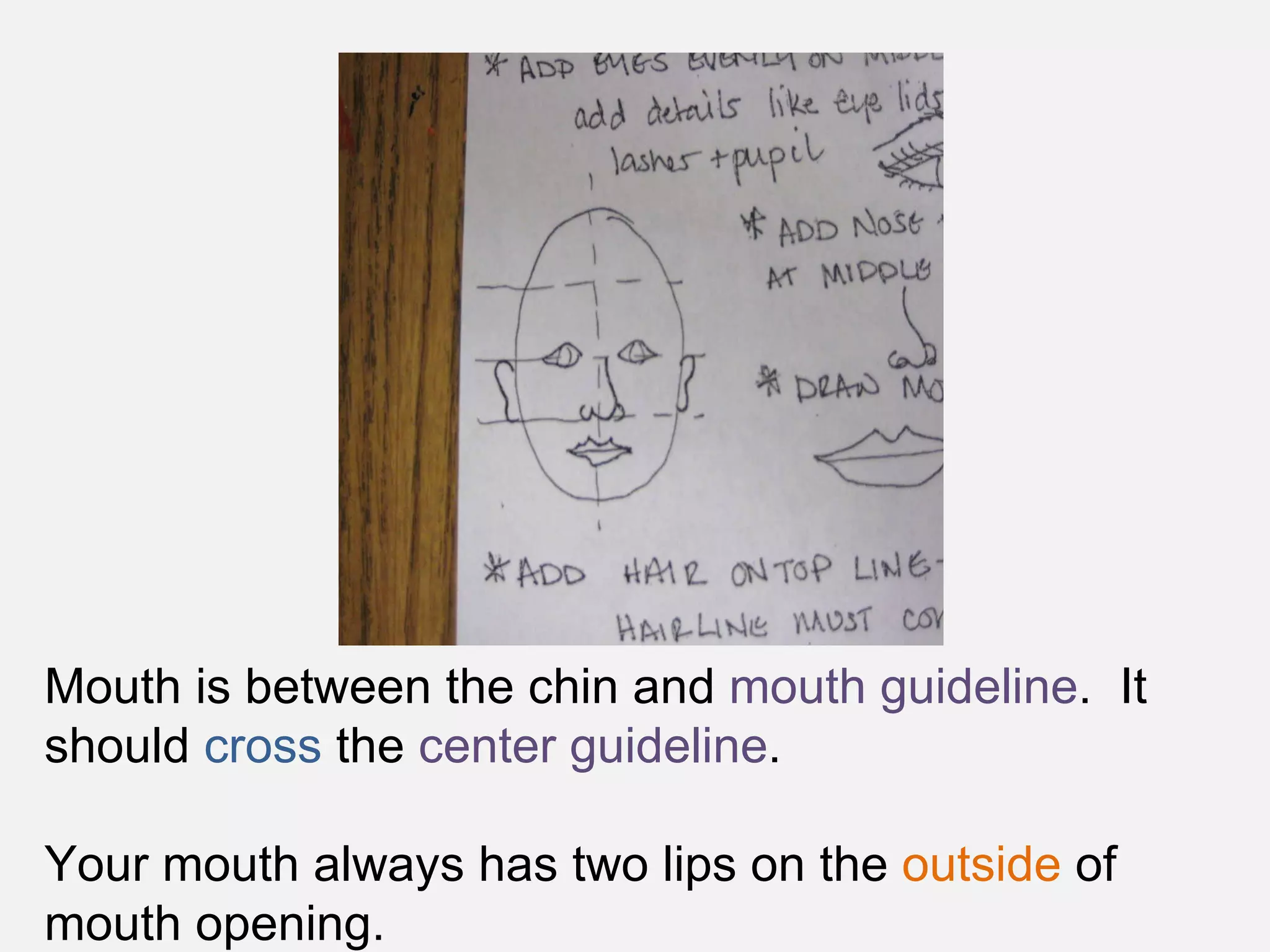 Mouth is between the chin and  mouth guideline .  It should  cross  the  center guideline .  Your mouth always has two lips on the  outside  of mouth opening.  