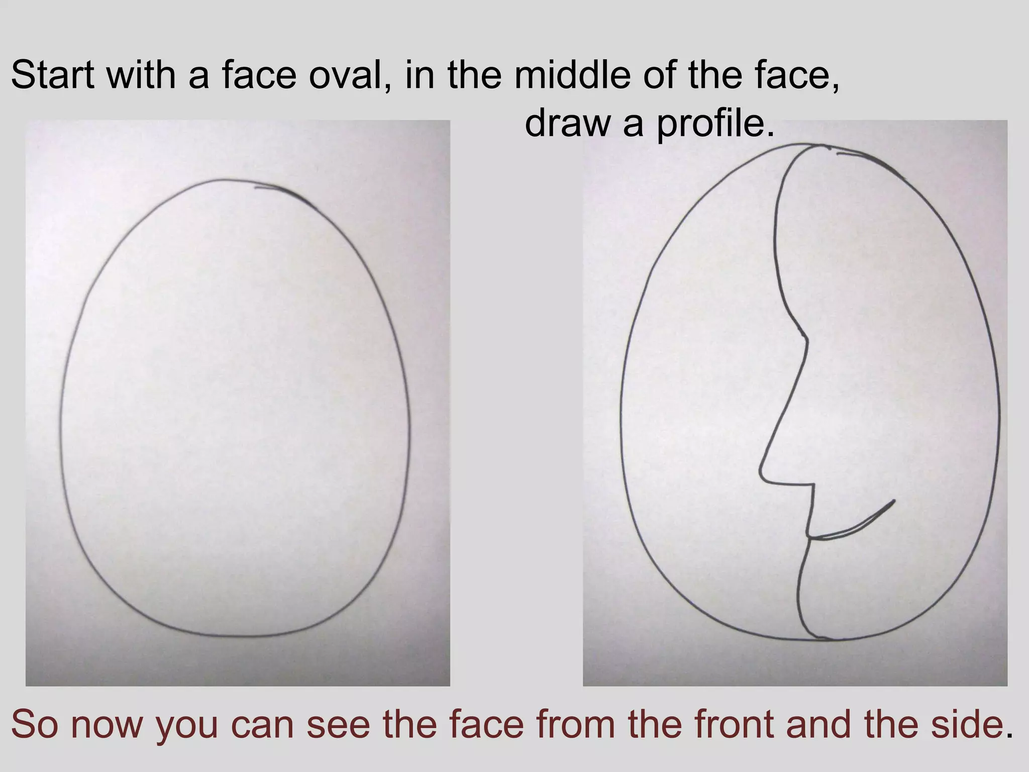 Start with a face oval, in the middle of the face, draw a profile.  So now you can see the face from the front and the side .  