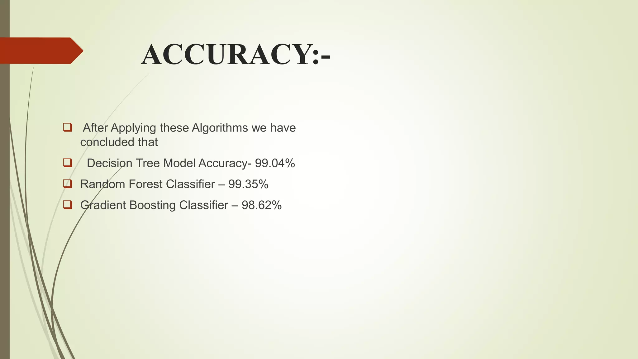 ACCURACY:-
 After Applying these Algorithms we have
concluded that
 Decision Tree Model Accuracy- 99.04%
 Random Forest Classifier – 99.35%
 Gradient Boosting Classifier – 98.62%
 