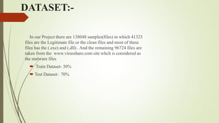 DATASET:-
In our Project there are 138048 samples(files) in which 41323
files are the Legitimate file or the clean files and most of these
files has the (.exe) and (.dll) . And the remaining 96724 files are
taken from the www.virusshare.com site whch is considered as
the malware files
 Train Dataset- 30%
 Test Dataset- 70%
 