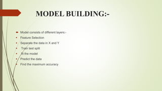 MODEL BUILDING:-
 Model consists of different layers:-
 Feature Selection
 Separate the data in X and Y
 Train test split
 fit the model
 Predict the data
 Find the maximum accuracy
 