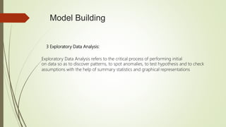 Model Building
3 Exploratory Data Analysis:
Exploratory Data Analysis refers to the critical process of performing initial
on data so as to discover patterns, to spot anomalies, to test hypothesis and to check
assumptions with the help of summary statistics and graphical representations
 