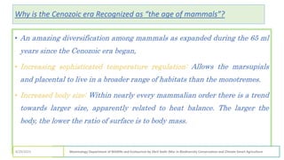 Why is the Cenozoic era Recognized as “the age of mammals”?
• An amazing diversification among mammals as expanded during the 65 ml
years since the Cenozoic era began,
• Increasing sophisticated temperature regulation: Allows the marsupials
and placental to live in a broader range of habitats than the monotremes.
• Increased body size: Within nearly every mammalian order there is a trend
towards larger size, apparently related to heat balance. The larger the
body, the lower the ratio of surface is to body mass.
Mammalogy Department of Wildlife and Ecotourism by Jibril Kedir (Msc In Biodiversity Conservation and Climate Smart Agriculture
4/29/2023
 