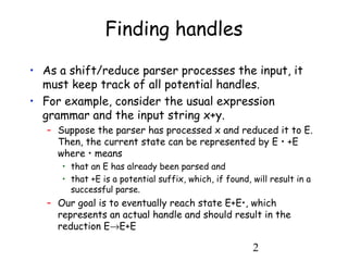 2
Finding handles
• As a shift/reduce parser processes the input, it
must keep track of all potential handles.
• For example, consider the usual expression
grammar and the input string x+y.
– Suppose the parser has processed x and reduced it to E.
Then, the current state can be represented by E • +E
where • means
• that an E has already been parsed and
• that +E is a potential suffix, which, if found, will result in a
successful parse.
– Our goal is to eventually reach state E+E•, which
represents an actual handle and should result in the
reduction E→E+E
 