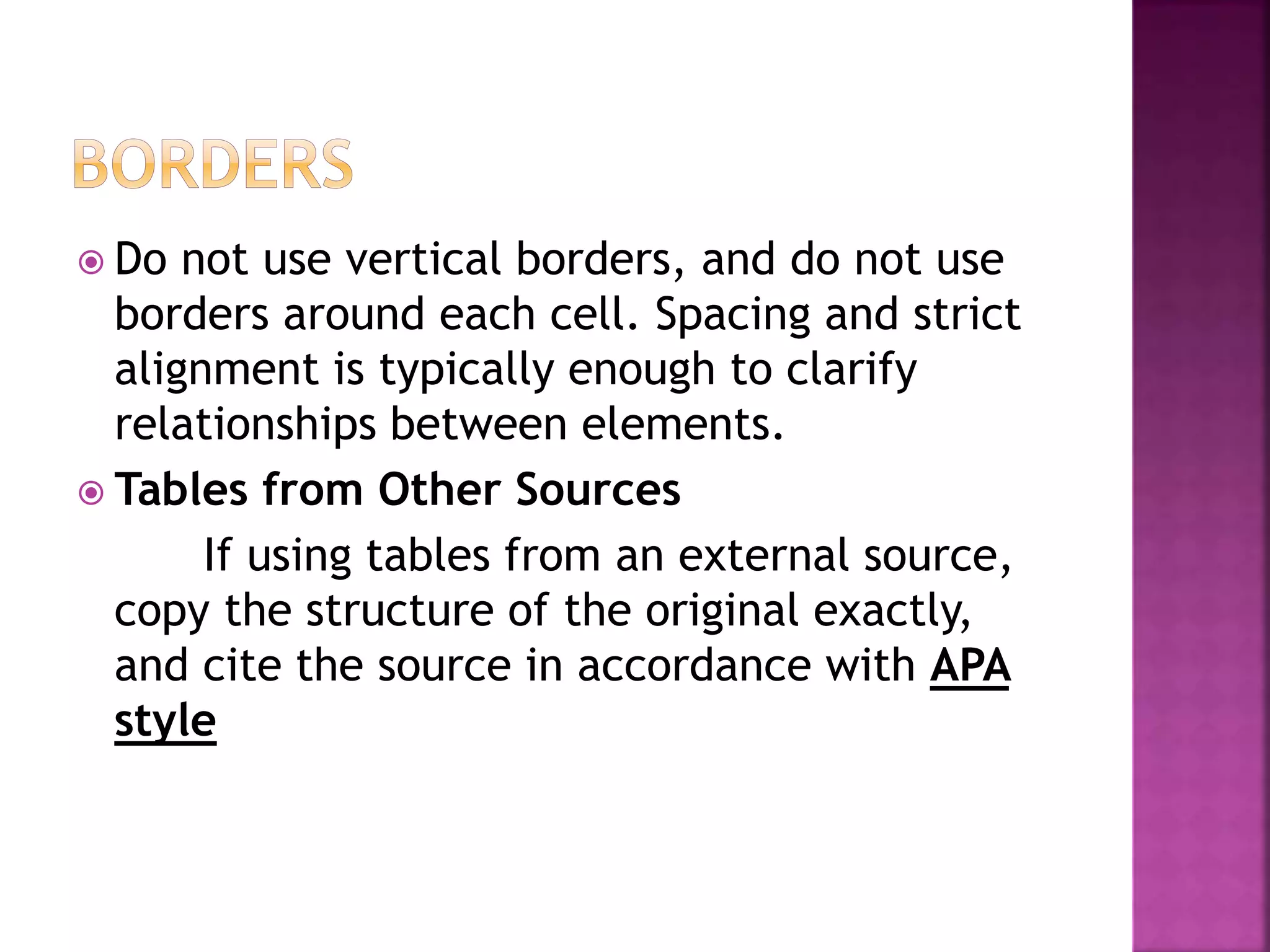  Do not use vertical borders, and do not use
borders around each cell. Spacing and strict
alignment is typically enough to clarify
relationships between elements.
 Tables from Other Sources
If using tables from an external source,
copy the structure of the original exactly,
and cite the source in accordance with APA
style
 