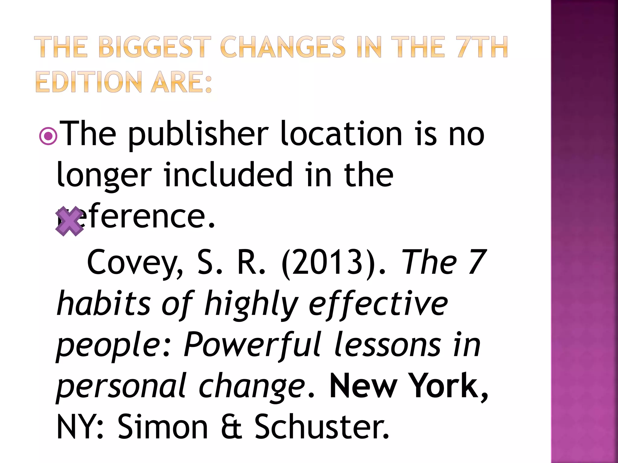 The publisher location is no
longer included in the
reference.
Covey, S. R. (2013). The 7
habits of highly effective
people: Powerful lessons in
personal change. New York,
NY: Simon & Schuster.
 