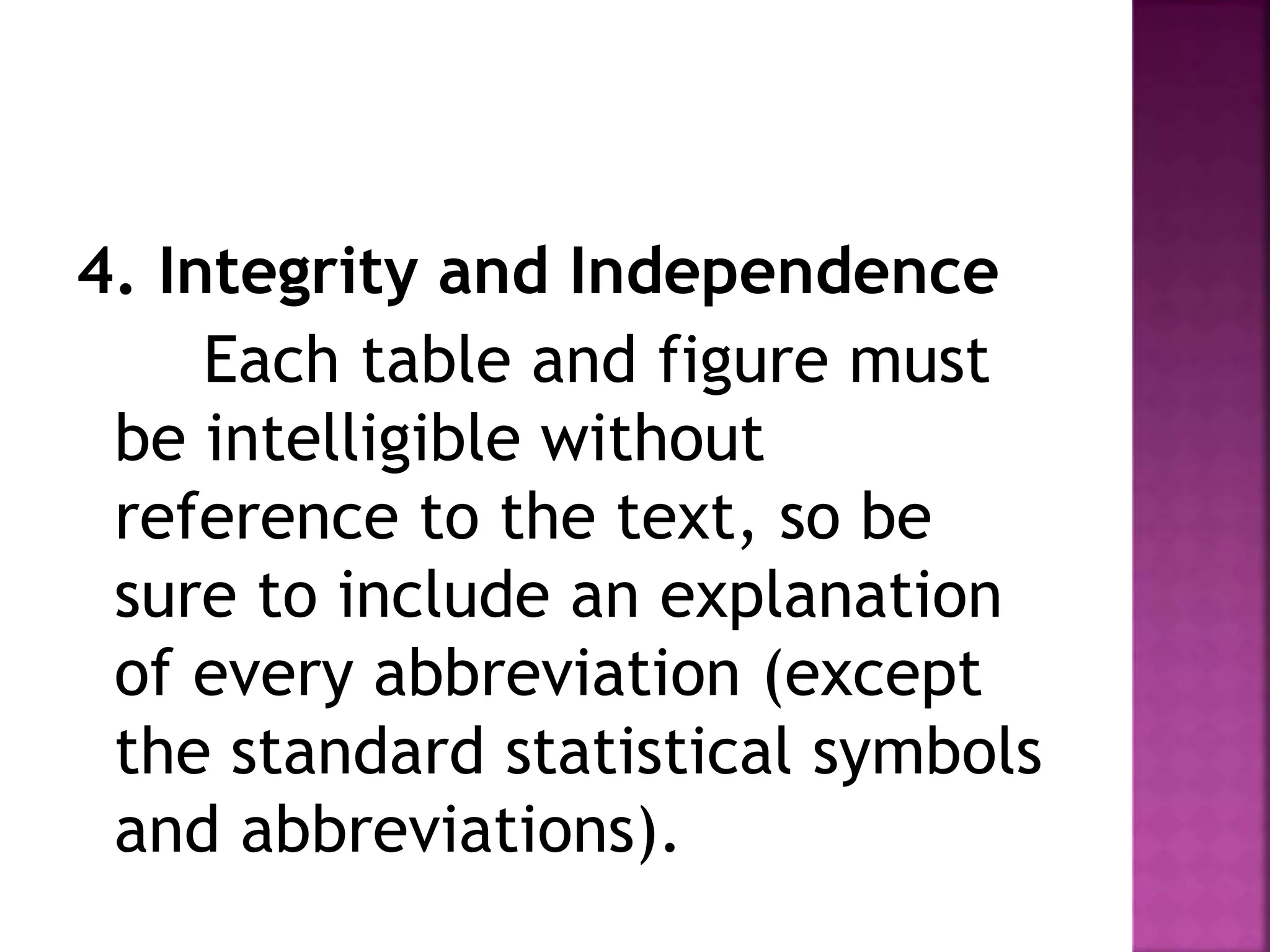 4. Integrity and Independence
Each table and figure must
be intelligible without
reference to the text, so be
sure to include an explanation
of every abbreviation (except
the standard statistical symbols
and abbreviations).
 