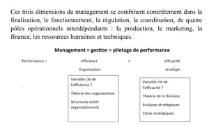 Ces trois dimensions du management se combinent concrètement dans la
finalisation, le fonctionnement, la régulation, la coordination, de quatre
pôles opérationnels interdépendants : la production, le marketing, la
finance, les ressources humaines et techniques.
Management = gestion = pilotage de performance
 