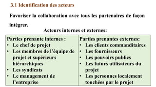 3.1 Identification des acteurs
Favoriser la collaboration avec tous les partenaires de façon
intégrer.
Acteurs internes et externes:
Parties prenante internes :
• Le chef de projet
• Les membres de l’équipe de
projet et supérieurs
hiérarchiques
• Les syndicats
• Le management de
l’entreprise
Parties prenantes externes:
• Les clients commanditaires
• Les fournisseurs
• Les pouvoirs publics
• Les futurs utilisateurs du
projet
• Les personnes localement
touchées par le projet
 