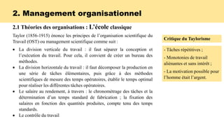2. Management organisationnel
2.1 Théories des organisations : L’école classique
Taylor (1856-1915) énonce les principes de l’organisation scientifique du
Travail (OST) ou management scientifique comme suit :
 La division verticale du travail : il faut séparer la conception et
l’exécution du travail. Pour cela, il convient de créer un bureau des
méthodes.
 La division horizontale du travail : il faut décomposer la production en
une série de tâches élémentaires, puis grâce à des méthodes
scientifiques de mesure des temps opératoires, établir le temps optimal
pour réaliser les différentes tâches opératoires.
 Le salaire au rendement, à travers : le chronométrage des tâches et la
détermination d’un temps standard de fabrication ; la fixation des
salaires en fonction des quantités produites, compte tenu des temps
standards.
 Le contrôle du travail
Critique du Taylorisme
- Tâches répétitives ;
- Monotonies de travail
aliénantes et sans intérêt ;
- La motivation possible pour
l’homme était l’argent.
 