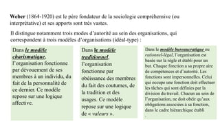 Weber (1864-1920) est le père fondateur de la sociologie compréhensive (ou
interprétative) et ses apports sont très vastes.
Dans le modèle
charismatique,
l’organisation fonctionne
par dévouement de ses
membres à un individu, du
fait de la personnalité de
ce dernier. Ce modèle
repose sur une logique
affective.
Dans le modèle
traditionnel,
l’organisation
fonctionne par
obéissance des membres
du fait des coutumes, de
la tradition et des
usages. Ce modèle
repose sur une logique
de « valeurs ».
Dans le modèle bureaucratique ou
rationnel-légal, l’organisation est
basée sur la règle et établi pour un
but. Chaque fonction a sa propre aire
de compétences et d’autorité. Les
fonctions sont impersonnelles. Celui
qui occupe une fonction doit effectuer
les tâches qui sont définies par la
division du travail. Chacun au sein de
l’organisation, ne doit obéir qu’aux
obligations associées à sa fonction,
dans le cadre hiérarchique établi
.
Il distingue notamment trois modes d’autorité au sein des organisations, qui
correspondent à trois modèles d’organisations (idéal-type) :
 