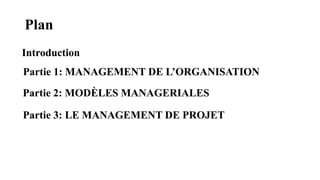 Plan
Partie 3: LE MANAGEMENT DE PROJET
Introduction
Partie 1: MANAGEMENT DE L’ORGANISATION
Partie 2: MODÈLES MANAGERIALES
 
