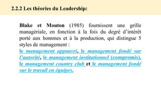 2.2.2 Les théories du Leadership:
Blake et Mouton (1985) fournissent une grille
managériale, en fonction à la fois du degré d’intérêt
porté aux hommes et à la production, qui distingue 5
styles de management :
le management appauvri, le management fondé sur
l’autorité, le management institutionnel (compromis),
le management country club et le management fondé
sur le travail en équipes.
2.2.2 Les théories du Leadership:
 