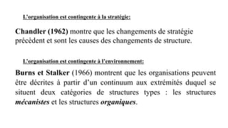 L’organisation est contingente à la stratégie:
Chandler (1962) montre que les changements de stratégie
précèdent et sont les causes des changements de structure.
L’organisation est contingente à l’environnement:
Burns et Stalker (1966) montrent que les organisations peuvent
être décrites à partir d’un continuum aux extrémités duquel se
situent deux catégories de structures types : les structures
mécanistes et les structures organiques.
 
