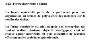 2.2.1 Forme matricielle : Valeur
La forme matricielle porte de la pertinence pour une
organisation en termes de polyvalence des membres sur la
totalité des tâches.
La forme matricielle est plus adaptée aux entreprises qui
veulent réaliser plusieurs objectifs stratégiques, c’est où
chaque équipe matricielle est plus susceptible de résoudre
efficacement les problèmes opérationnels.
 