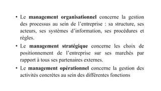 • Le management organisationnel concerne la gestion
des processus au sein de l’entreprise : sa structure, ses
acteurs, ses systèmes d’information, ses procédures et
règles.
• Le management stratégique concerne les choix de
positionnement de l’entreprise sur ses marchés par
rapport à tous ses partenaires externes.
• Le management opérationnel concerne la gestion des
activités concrètes au sein des différentes fonctions
 
