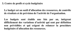 3. Centre de profit et cycle budgétaire
Le budget est un outil d’allocation des ressources, de contrôle
de résultats et de prévision de l’activité de l’organisation.
Les budgets sont établis une fois par an, intègrent
difficilement des variations d’activité qui sont par définition
non prévisibles et qui exigent de relancer la procédure
budgétaire d’allocation des ressources.
 