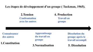 Les étapes de développement d’un groupe ( Tuckman, 1965).
Connaissance
des autres
Confrontation
avec les autres
Apprentissage
du travail en
groupe
Travail en
groupe
Dissolution du
groupe après le
travail accompli
1.Constitution
2.Tension
3.Normalisation
4. Production
5. Dissolution
 