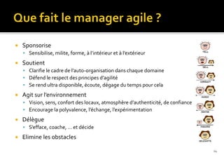  Sponsorise
 Sensibilise, milite, forme, à l’intérieur et à l’extérieur
 Soutient
 Clarifie le cadre de l’auto-organisation dans chaque domaine
 Défend le respect des principes d’agilité
 Se rend ultra disponible, écoute, dégage du temps pour cela
 Agit sur l’environnement
 Vision, sens, confort des locaux, atmosphère d’authenticité, de confiance
 Encourage la polyvalence, l’échange, l’expérimentation
 Délègue
 S’efface, coache, … et décide
 Elimine les obstacles
14
 