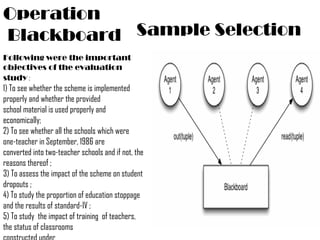 Following were the important objectives of the evaluation study  :   1) To see whether the scheme is implemented properly and whether the provided  school material is used properly and economically;  2) To see whether all the schools which were one-teacher in September, 1986 are  converted into two-teacher schools and if not, the reasons thereof ;  3) To assess the impact of the scheme on student dropouts ;  4) To study the proportion of education stoppage and the results of standard-IV ;  5) To study  the impact of training  of teachers, the status of classrooms  constructed under Operation  Blackboard Sample Selection   