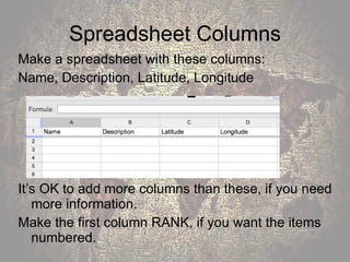 Spreadsheet Columns Make a spreadsheet with these columns: Name, Description, Latitude, Longitude It’s OK to add more columns than these, if you need more information. Make the first column RANK, if you want the items numbered.  