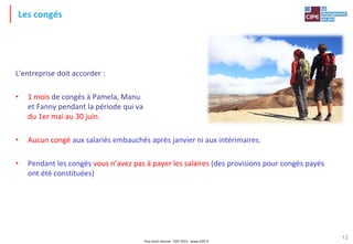 Tout droit réservé - CIPE 2015 - www.CIPE.fr
13
Les congés
L'entreprise doit accorder :
• 1 mois de congés à Pamela, Manu
et Fanny pendant la période qui va
du 1er mai au 30 juin.
• Aucun congé aux salariés embauchés après janvier ni aux intérimaires.
• Pendant les congés vous n’avez pas à payer les salaires (des provisions pour congés payés
ont été constituées)
 