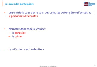 Tout droit réservé - CIPE 2015 - www.CIPE.fr
16
Les rôles des participants
• Le suivi de la caisse et le suivi des comptes doivent être effectués par
2 personnes différentes
• Nommez dans chaque équipe :
– le comptable
– le caissier
• Les décisions sont collectives
 