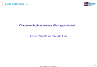 Tout droit réservé - CIPE 2015 - www.CIPE.fr
33
Aléas & Décision : …
Chaque mois, de nouveaux aléas apparaissent …
Le jeu s'arrête au mois de Juin
 