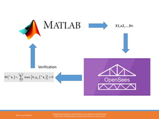 X1,x2,….Xn
Verification
( ) ( ){ }1
max 0, 0
q rn n
k k
i p i
p
g
+
=
Φ ≥∑x x
Porto, June 20 2017
OPENSEES SOLVER WITH A DIFFERENTIAL EVOLUTIONARY ALGORITHM FOR
STRUCTURAL OPTIMIZATION OF HOLLOW SECTIONS STEEL STRUCTURES
 