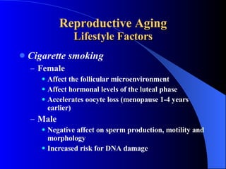Reproductive Aging Lifestyle Factors Cigarette smoking Female Affect the follicular microenvironment Affect hormonal levels of the luteal phase Accelerates oocyte loss (menopause 1-4 years earlier) Male Negative affect on sperm production, motility and morphology Increased risk for DNA damage 