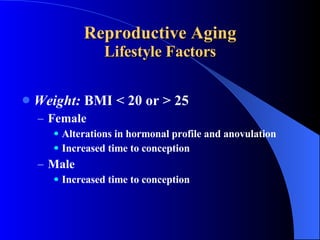 Reproductive Aging Lifestyle Factors Weight:  BMI < 20 or > 25 Female Alterations in hormonal profile and anovulation Increased time to conception Male Increased time to conception 