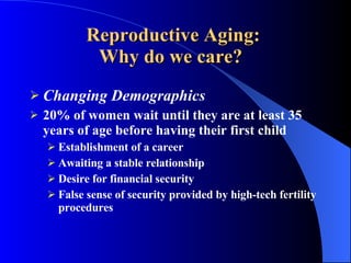 Reproductive Aging:  Why do we care?  Changing Demographics   20% of women wait until they are at least 35 years of age before having their first child Establishment of a career Awaiting a stable relationship Desire for financial security False sense of security provided by high-tech fertility procedures 