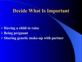 Decide What Is Important Having a child to raise Being pregnant Sharing genetic make-up with partner 