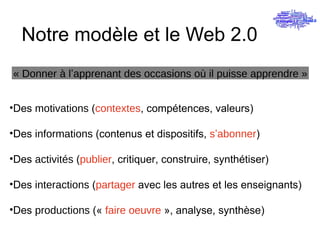 Notre modèle et le Web 2.0 « Donner à l ’ apprenant des occasions où il puisse apprendre » <ul><li>Des  motivations  ( con...