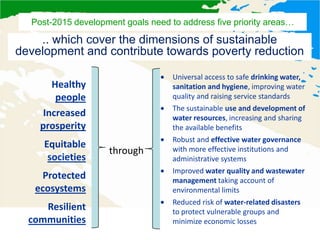 .. which cover the dimensions of sustainable
development and contribute towards poverty reduction
Post-2015 development goals need to address five priority areas…
Healthy
people
Universal access to safe drinking water,
sanitation and hygiene, improving water
quality and raising service standards
Increased
prosperity
The sustainable use and development of
water resources, increasing and sharing
the available benefits
Equitable
societies
through
Robust and effective water governance
with more effective institutions and
administrative systems
Protected
ecosystems
Improved water quality and wastewater
management taking account of
environmental limits
Resilient
communities
Reduced risk of water-related disasters
to protect vulnerable groups and
minimize economic losses
 