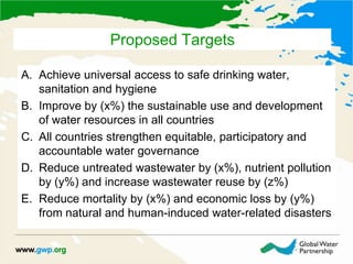 Proposed Targets
A. Achieve universal access to safe drinking water,
sanitation and hygiene
B. Improve by (x%) the sustainable use and development
of water resources in all countries
C. All countries strengthen equitable, participatory and
accountable water governance
D. Reduce untreated wastewater by (x%), nutrient pollution
by (y%) and increase wastewater reuse by (z%)
E. Reduce mortality by (x%) and economic loss by (y%)
from natural and human-induced water-related disasters
 