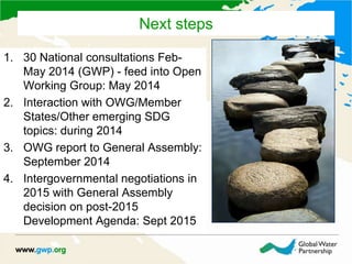 Next steps
1. 30 National consultations Feb-
May 2014 (GWP) - feed into Open
Working Group: May 2014
2. Interaction with OWG/Member
States/Other emerging SDG
topics: during 2014
3. OWG report to General Assembly:
September 2014
4. Intergovernmental negotiations in
2015 with General Assembly
decision on post-2015
Development Agenda: Sept 2015
 