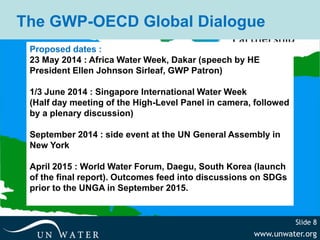 www.unwater.org
Slide 8
The GWP-OECD Global Dialogue
Proposed dates :
23 May 2014 : Africa Water Week, Dakar (speech by HE
President Ellen Johnson Sirleaf, GWP Patron)
1/3 June 2014 : Singapore International Water Week
(Half day meeting of the High-Level Panel in camera, followed
by a plenary discussion)
September 2014 : side event at the UN General Assembly in
New York
April 2015 : World Water Forum, Daegu, South Korea (launch
of the final report). Outcomes feed into discussions on SDGs
prior to the UNGA in September 2015.
 