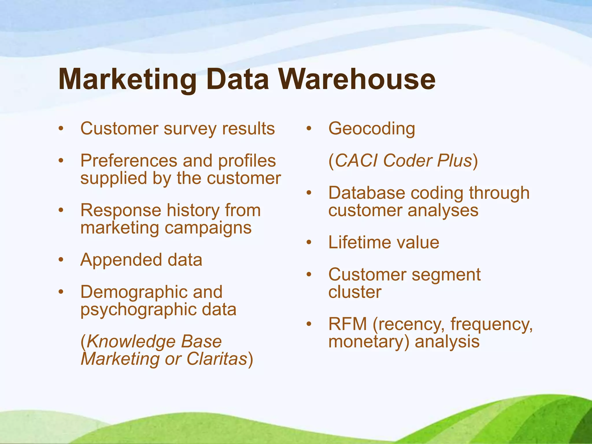 Marketing Data Warehouse
• Customer survey results
• Preferences and profiles
supplied by the customer
• Response history from
marketing campaigns
• Appended data
• Demographic and
psychographic data
(Knowledge Base
Marketing or Claritas)
• Geocoding
(CACI Coder Plus)
• Database coding through
customer analyses
• Lifetime value
• Customer segment
cluster
• RFM (recency, frequency,
monetary) analysis
 