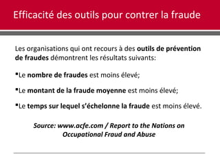 Efficacité des outils pour contrer la fraude
Les organisations qui ont recours à des outils de prévention
de fraudes démontrent les résultats suivants:
Le nombre de fraudes est moins élevé;
Le montant de la fraude moyenne est moins élevé;
Le temps sur lequel s’échelonne la fraude est moins élevé.
Source: www.acfe.com / Report to the Nations on
Occupational Fraud and Abuse
 
