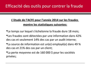 Efficacité des outils pour contrer la fraude
L’étude de l’ACFE pour l’année 2014 sur les fraudes
montre les statistiques suivantes:
Le temps sur lequel s’échelonne la fraude dure 18 mois;
Les fraudes sont détectées par une information dans 42%
des cas et seulement 14% des cas par un audit interne;
La source de information est un(e) employé(e) dans 49 %
des cas et 21% des cas par un client;
La perte moyenne est de 160 000 $ pour les sociétés
privées;
 
