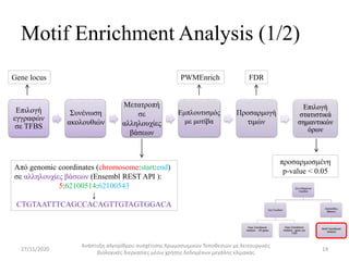 Motif Enrichment Analysis (1/2)
27/11/2020
Ανάπτυξη αλγορίθμου συσχέτισης Χρωμοσωμικών Τοποθεσιών με λειτουργικές
βιολογικ...