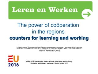 The power of coöperation
in the regions
counters for learning and workingcounters for learning and working
Marianne Zoetmulder Programmemanager Leerwerkloketten
17th of February 2016
NLEU2016 conference on vocational education and training
‘Skills for a lifetime – towards a future proof VET’
 