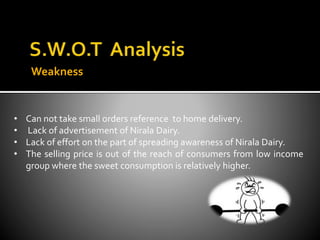 Weakness
• Can not take small orders reference to home delivery.
• Lack of advertisement of Nirala Dairy.
• Lack of effort on the part of spreading awareness of Nirala Dairy.
• The selling price is out of the reach of consumers from low income
group where the sweet consumption is relatively higher.
 