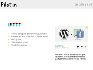 Les outils gratuits
■ Éditeur de logiciel de marketing automation
■ Création en 2010, basé dans la Silicon Valley
■ Outil gratuit
■ Très simple à utiliser
■ Possibilités infinies
Une fois l’article wordpress en ligne,
la recette crée automatiquement un
post facebook avec le lien de l’article
 