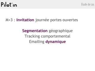 Étude de cas
M+3 : Invitation journée portes ouvertes
Segmentation géographique
Tracking comportemental
Emailing dynamique
 
