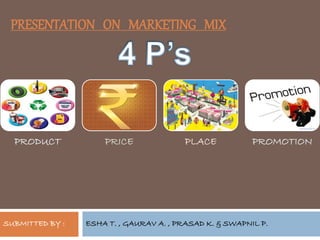 PRESENTATION ON MARKETING MIX 
PRODUCT PRICE PLACE PROMOTION 
SUBMITTED BY : ESHA T. , GAURAV A. , PRASAD K. & SWAPNIL P. 
 