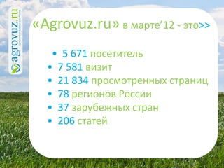 «Agrovuz.ru» в марте’12 - это>>
   • 5 671 посетитель
  • 7 581 визит
  • 21 834 просмотренных страниц
  • 78 регионов России
  • 37 зарубежных стран
  • 206 статей
 
