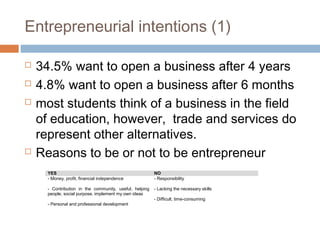 Entrepreneurial intentions (1)

   34.5% want to open a business after 4 years
   4.8% want to open a business after 6 months
   most students think of a business in the field
    of education, however, trade and services do
    represent other alternatives.
   Reasons to be or not to be entrepreneur
      YES                                                NO
      - Money, profit, financial independence            - Responsibility

      - Contribution in the community, useful, helping   - Lacking the necessary skills
      people, social purpose, implement my own ideas
                                                         - Difficult, time-consuming
      - Personal and professional development
 